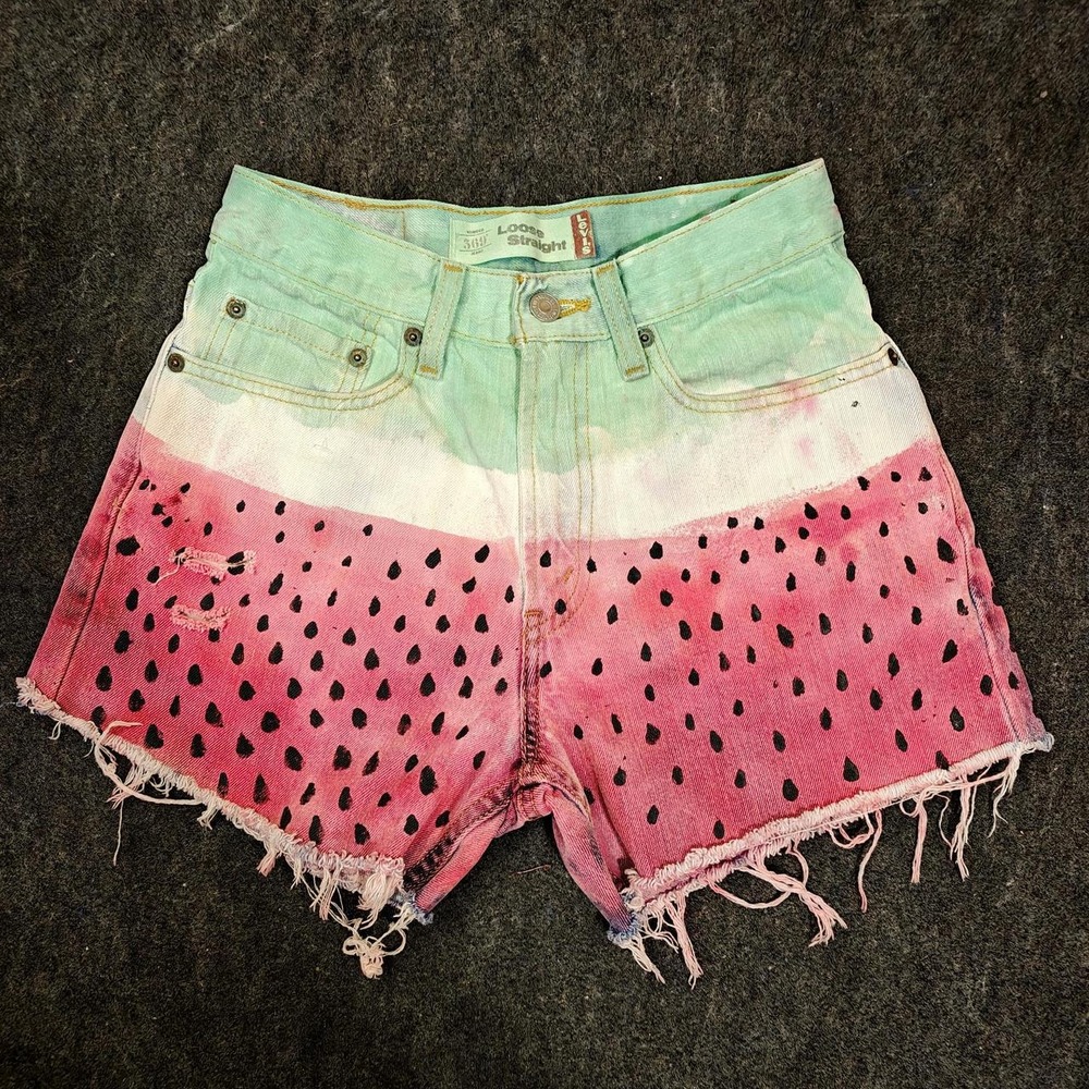 Levis 569 Watermelon Denim Shorts Women 27 Pink Green Painted Distressed Cut Off